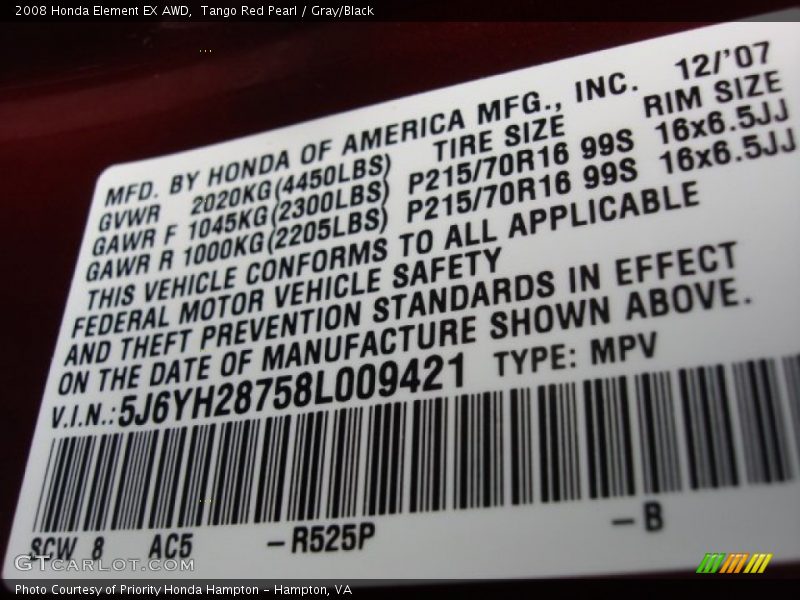 Tango Red Pearl / Gray/Black 2008 Honda Element EX AWD