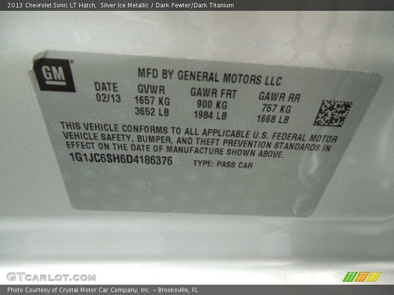 Silver Ice Metallic / Dark Pewter/Dark Titanium 2013 Chevrolet Sonic LT Hatch