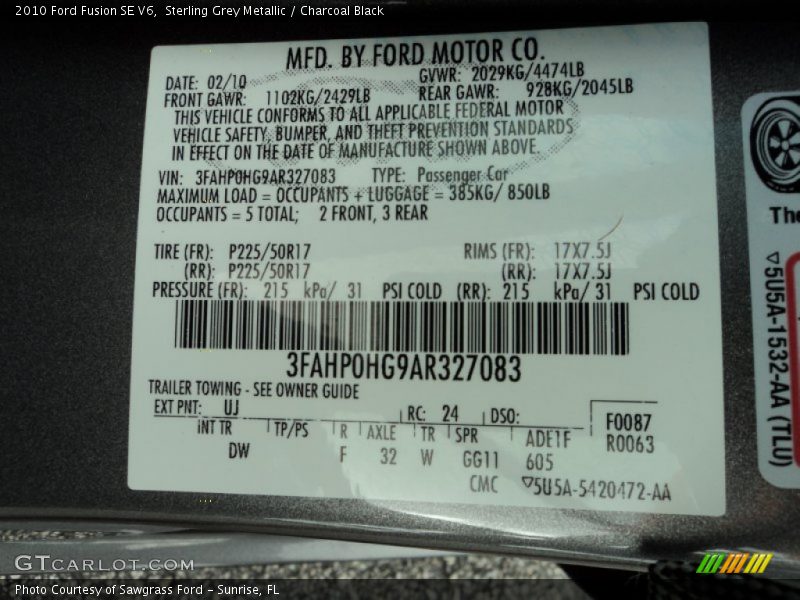 Sterling Grey Metallic / Charcoal Black 2010 Ford Fusion SE V6