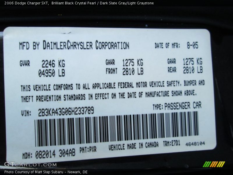 Brilliant Black Crystal Pearl / Dark Slate Gray/Light Graystone 2006 Dodge Charger SXT
