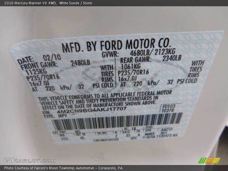 White Suede / Stone 2010 Mercury Mariner V6 4WD