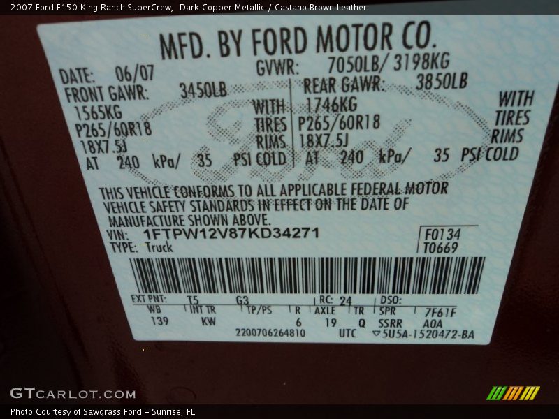 Dark Copper Metallic / Castano Brown Leather 2007 Ford F150 King Ranch SuperCrew