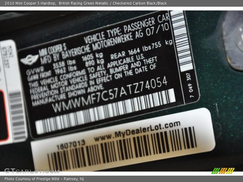 British Racing Green Metallic / Checkered Carbon Black/Black 2010 Mini Cooper S Hardtop