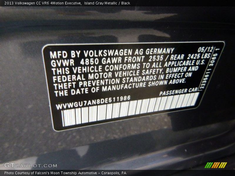 Island Gray Metallic / Black 2013 Volkswagen CC VR6 4Motion Executive