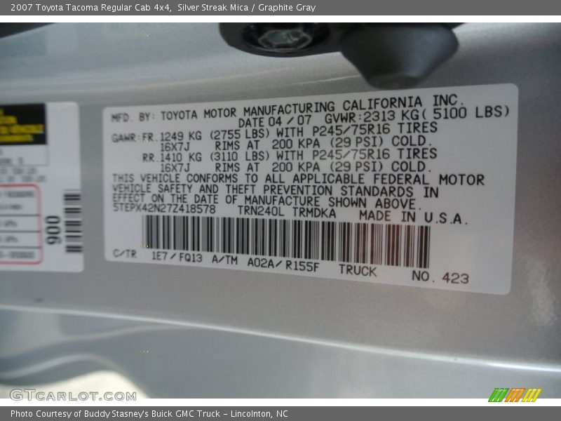 2007 Tacoma Regular Cab 4x4 Silver Streak Mica Color Code 1E7