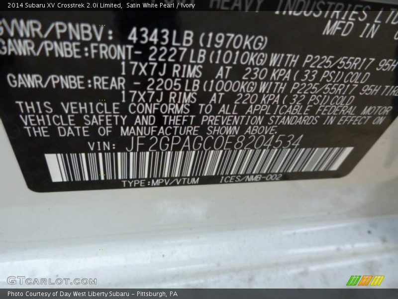 Satin White Pearl / Ivory 2014 Subaru XV Crosstrek 2.0i Limited