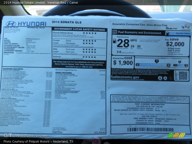  2014 Sonata Limited Window Sticker