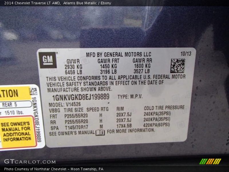 Atlantis Blue Metallic / Ebony 2014 Chevrolet Traverse LT AWD