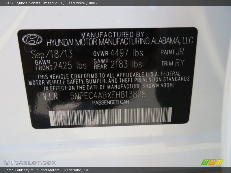 2014 Sonata Limited 2.0T Pearl White Color Code JR