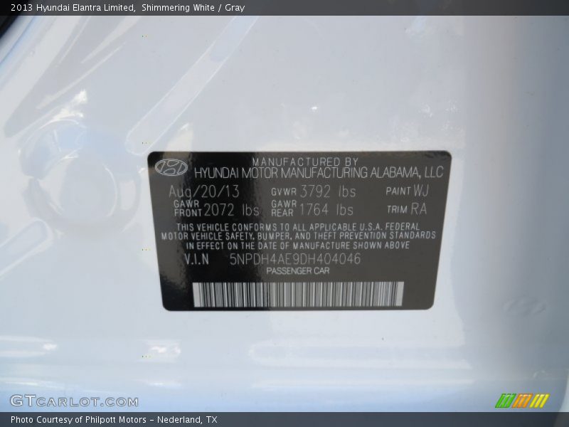 Shimmering White / Gray 2013 Hyundai Elantra Limited