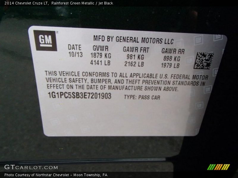 Rainforest Green Metallic / Jet Black 2014 Chevrolet Cruze LT