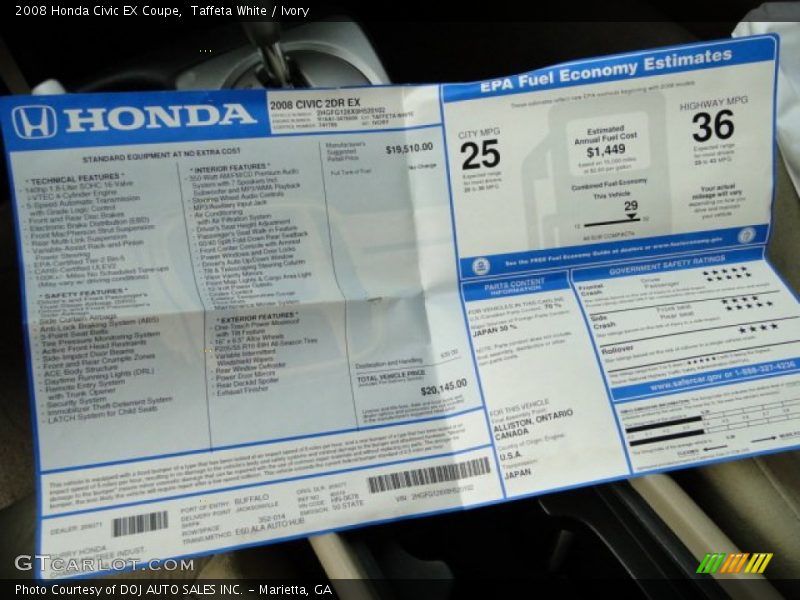 Taffeta White / Ivory 2008 Honda Civic EX Coupe