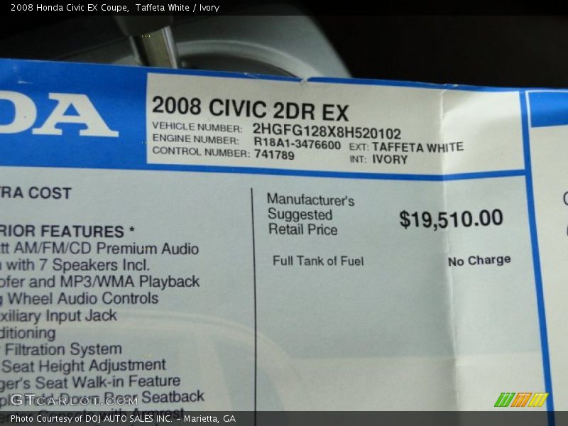 Taffeta White / Ivory 2008 Honda Civic EX Coupe