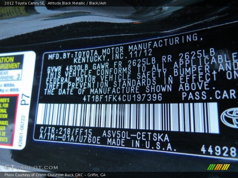 Attitude Black Metallic / Black/Ash 2012 Toyota Camry SE