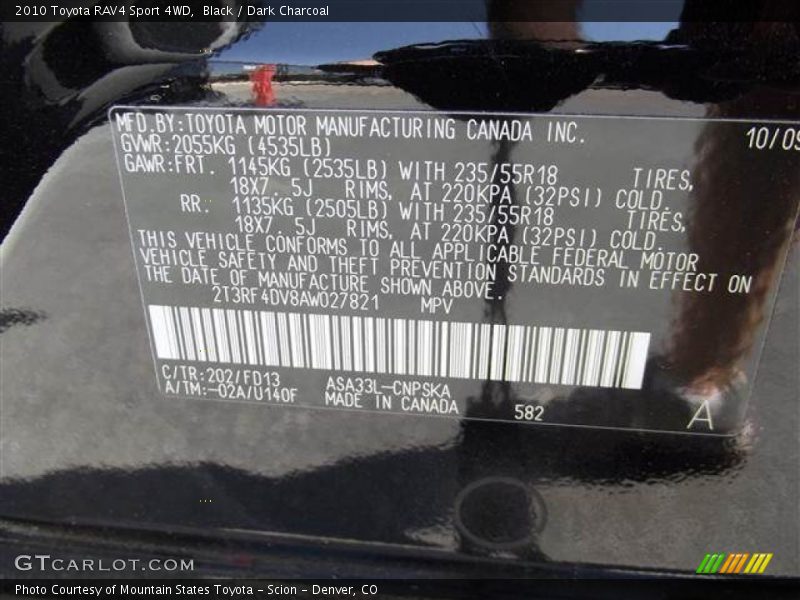 Black / Dark Charcoal 2010 Toyota RAV4 Sport 4WD