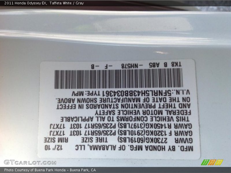 Taffeta White / Gray 2011 Honda Odyssey EX