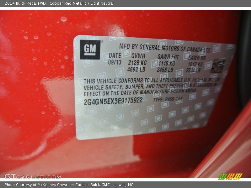 Info Tag of 2014 Regal FWD