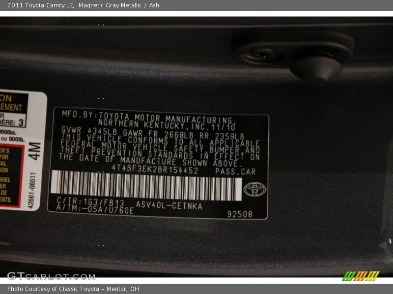 Magnetic Gray Metallic / Ash 2011 Toyota Camry LE