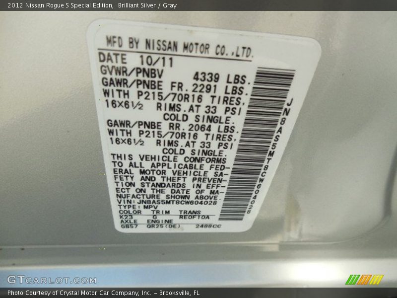 Brilliant Silver / Gray 2012 Nissan Rogue S Special Edition