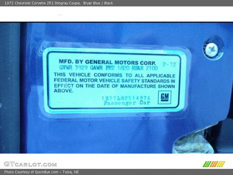 Bryar Blue / Black 1972 Chevrolet Corvette ZR1 Stingray Coupe