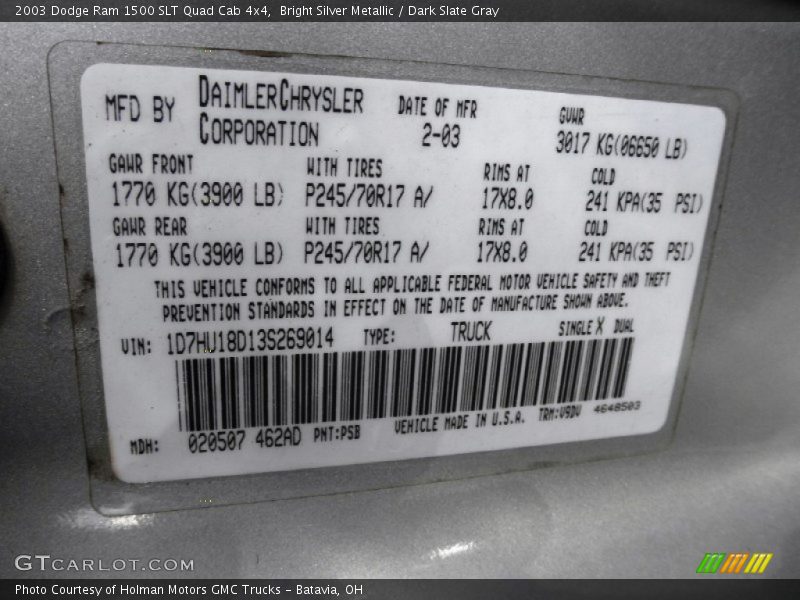 Bright Silver Metallic / Dark Slate Gray 2003 Dodge Ram 1500 SLT Quad Cab 4x4