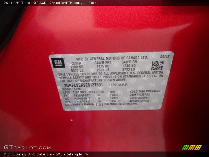 Info Tag of 2014 Terrain SLE AWD