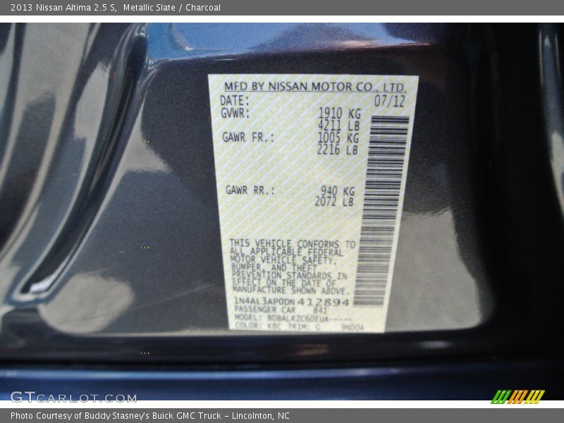 Metallic Slate / Charcoal 2013 Nissan Altima 2.5 S