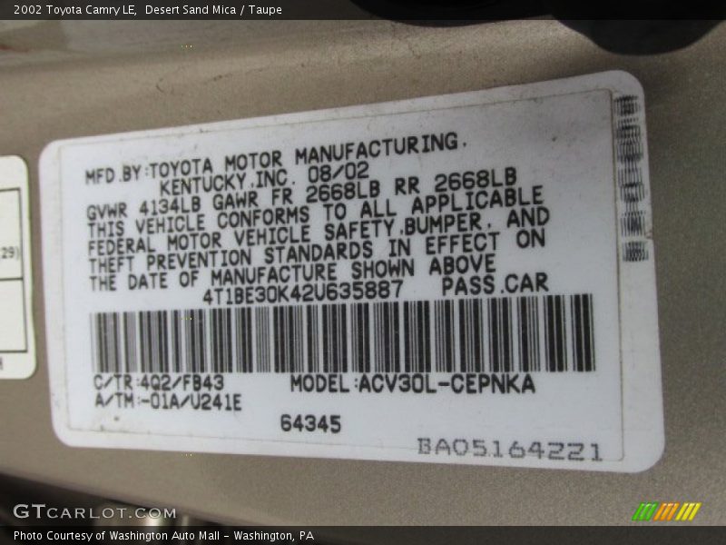 Desert Sand Mica / Taupe 2002 Toyota Camry LE