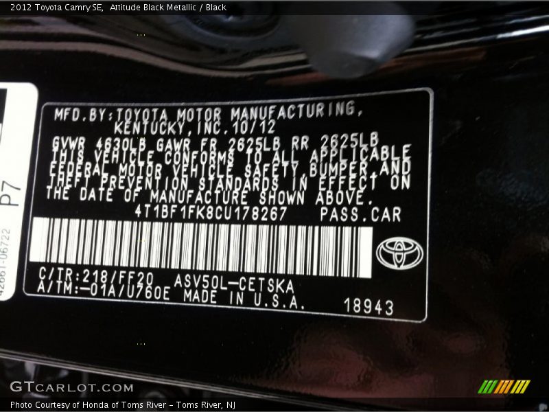 Attitude Black Metallic / Black 2012 Toyota Camry SE