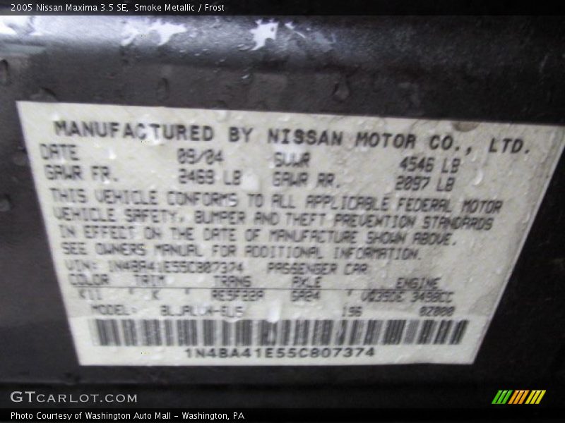 Smoke Metallic / Frost 2005 Nissan Maxima 3.5 SE