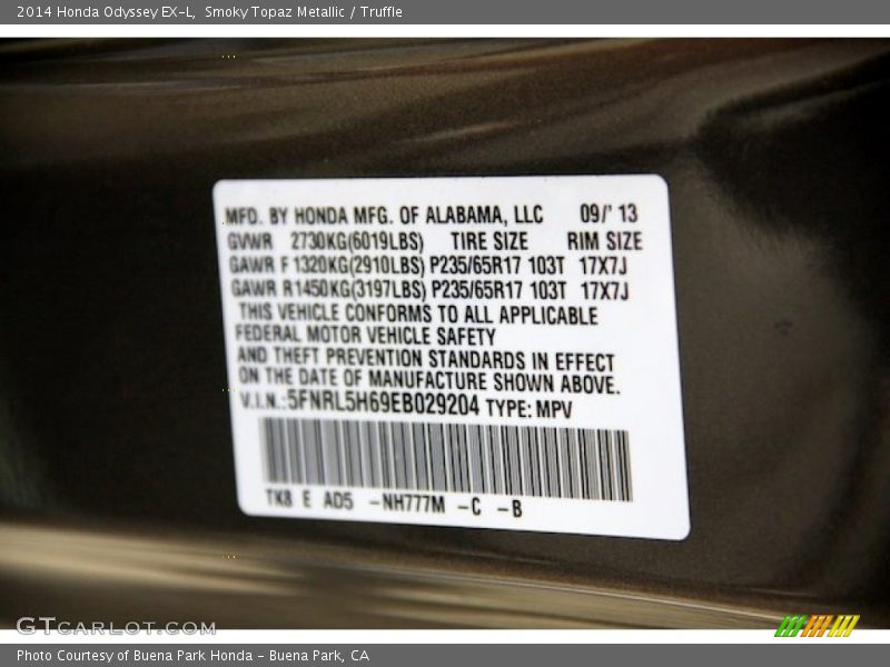 Smoky Topaz Metallic / Truffle 2014 Honda Odyssey EX-L