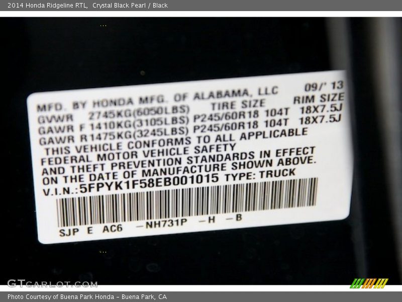 2014 Ridgeline RTL Crystal Black Pearl Color Code NH731P