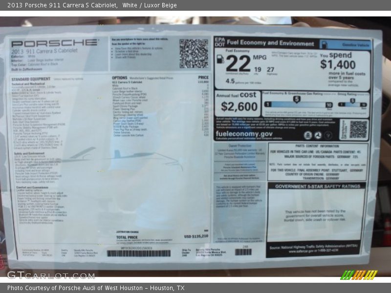  2013 911 Carrera S Cabriolet Window Sticker