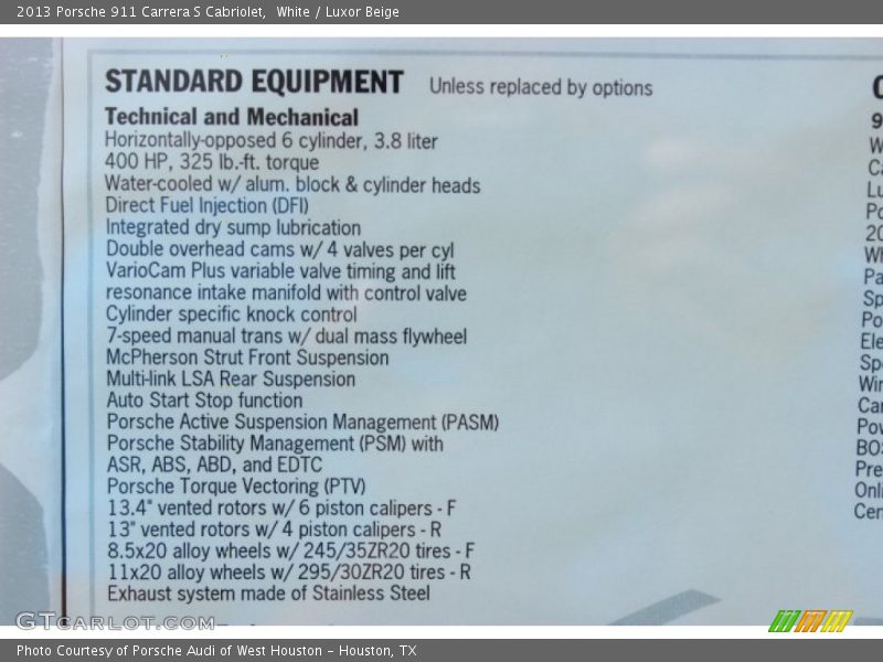  2013 911 Carrera S Cabriolet Window Sticker