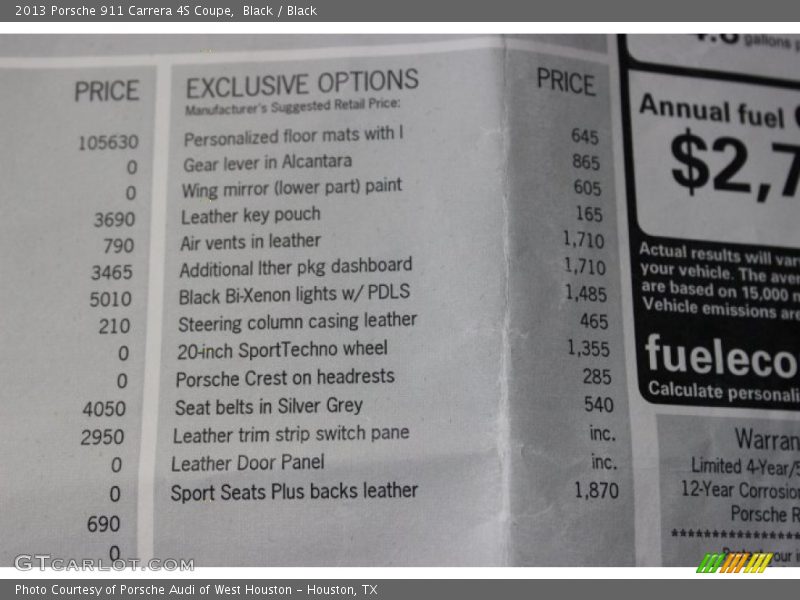  2013 911 Carrera 4S Coupe Window Sticker