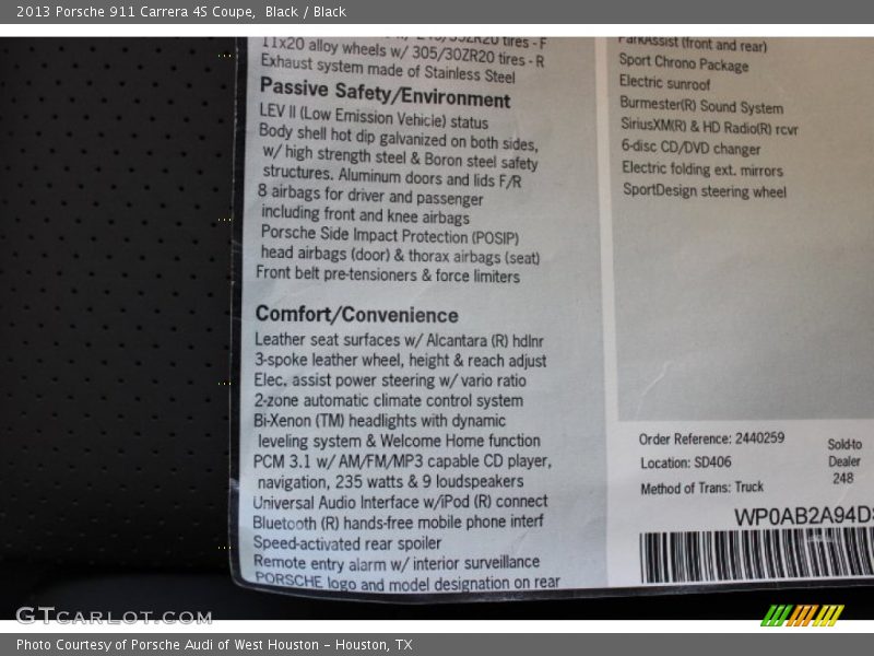  2013 911 Carrera 4S Coupe Window Sticker