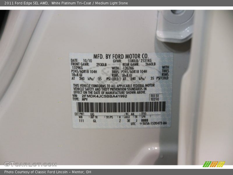 White Platinum Tri-Coat / Medium Light Stone 2011 Ford Edge SEL AWD