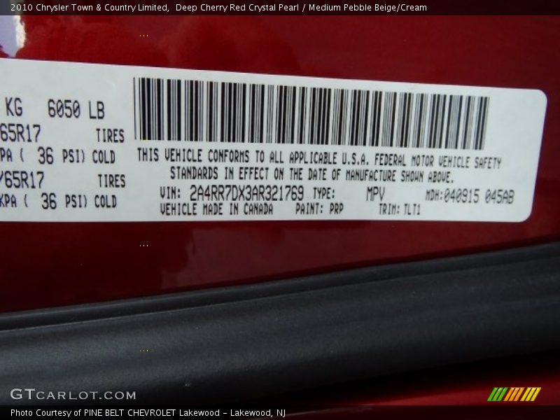 Deep Cherry Red Crystal Pearl / Medium Pebble Beige/Cream 2010 Chrysler Town & Country Limited