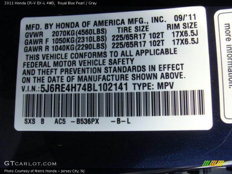 Royal Blue Pearl / Gray 2011 Honda CR-V EX-L 4WD