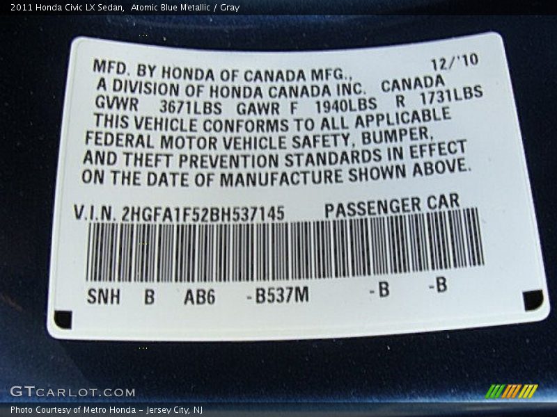 Atomic Blue Metallic / Gray 2011 Honda Civic LX Sedan