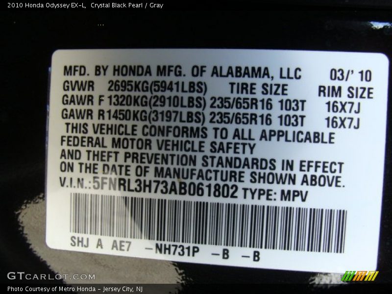 Crystal Black Pearl / Gray 2010 Honda Odyssey EX-L