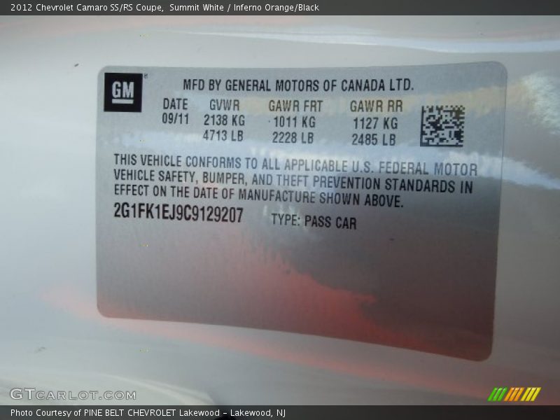 Summit White / Inferno Orange/Black 2012 Chevrolet Camaro SS/RS Coupe