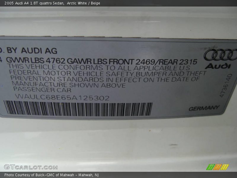 Arctic White / Beige 2005 Audi A4 1.8T quattro Sedan