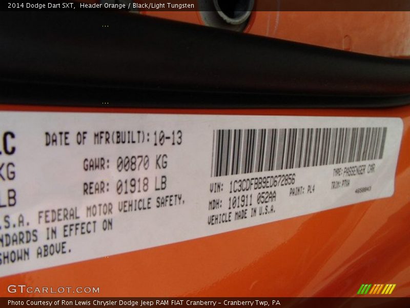 2014 Dart SXT Header Orange Color Code PL4