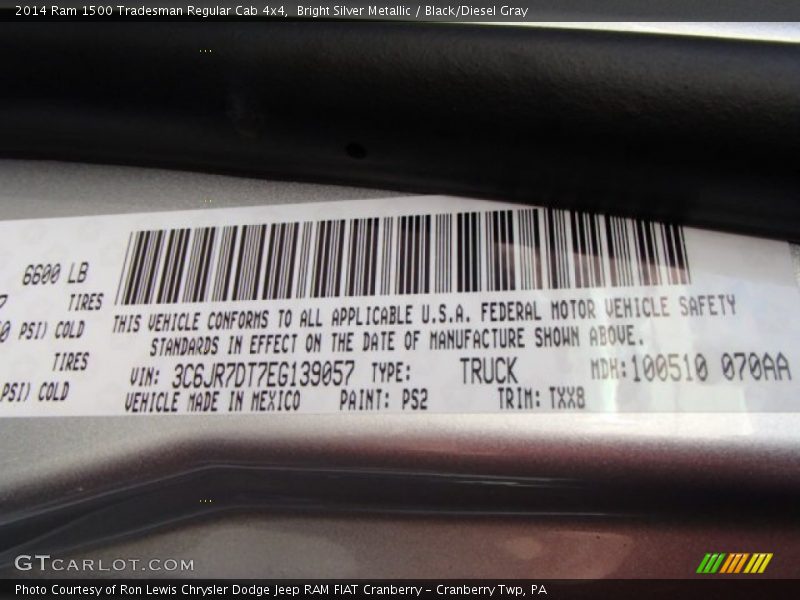 2014 1500 Tradesman Regular Cab 4x4 Bright Silver Metallic Color Code PS2