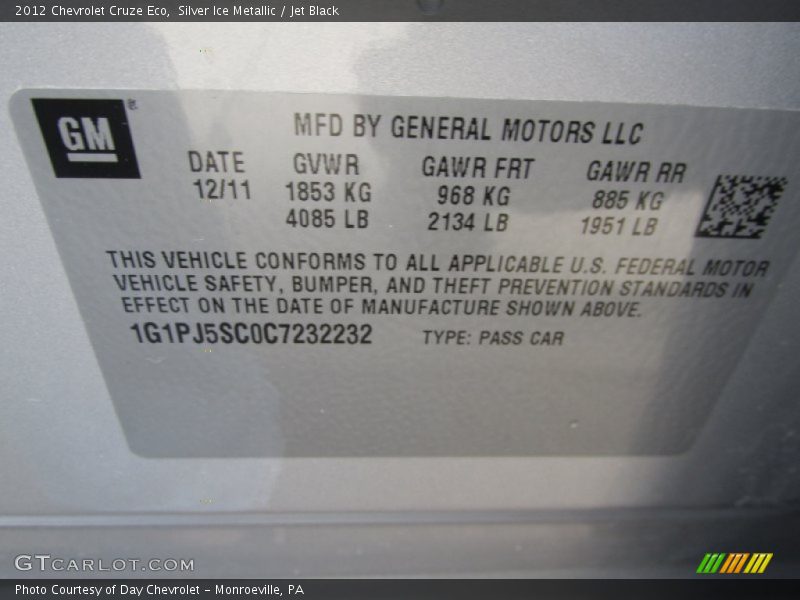 Silver Ice Metallic / Jet Black 2012 Chevrolet Cruze Eco