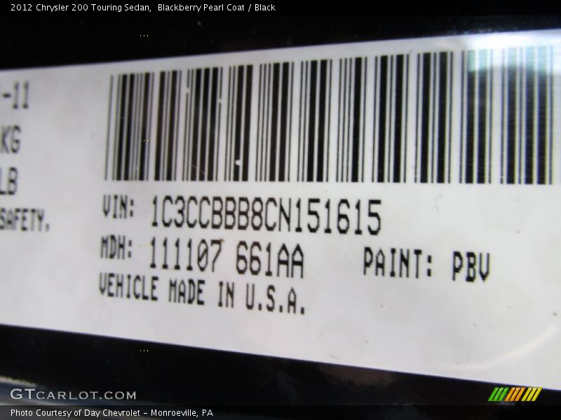 Blackberry Pearl Coat / Black 2012 Chrysler 200 Touring Sedan