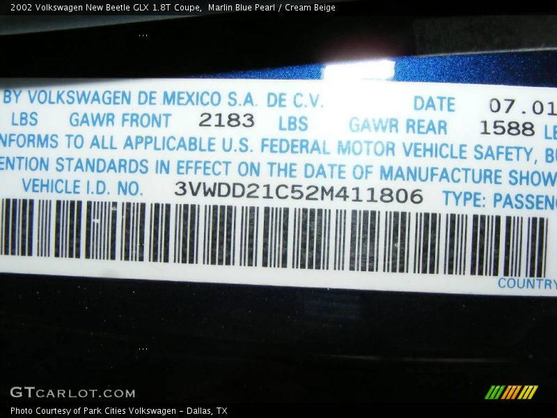 Marlin Blue Pearl / Cream Beige 2002 Volkswagen New Beetle GLX 1.8T Coupe