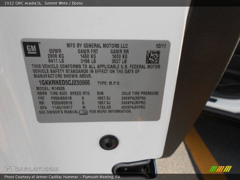Summit White / Ebony 2012 GMC Acadia SL