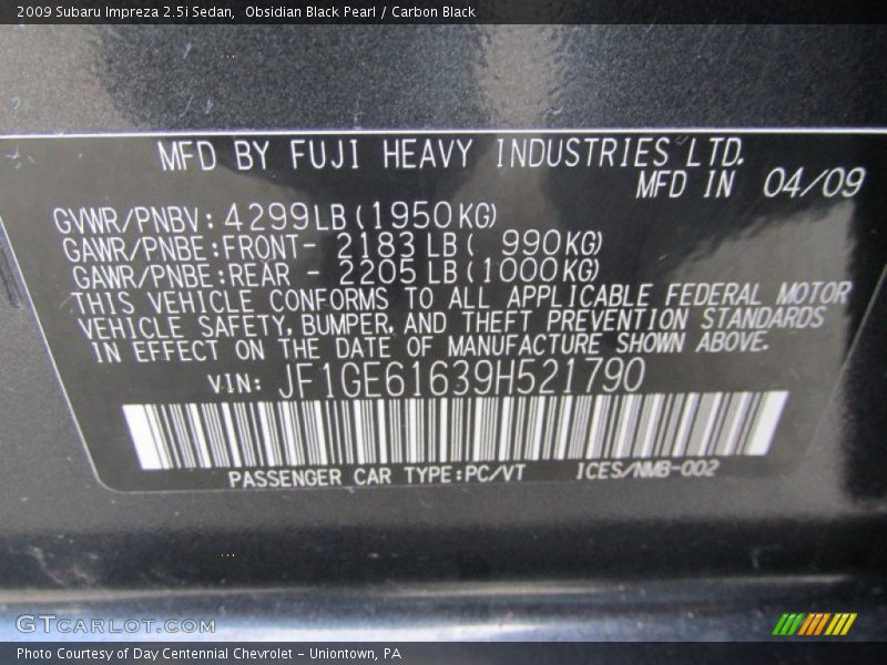Obsidian Black Pearl / Carbon Black 2009 Subaru Impreza 2.5i Sedan